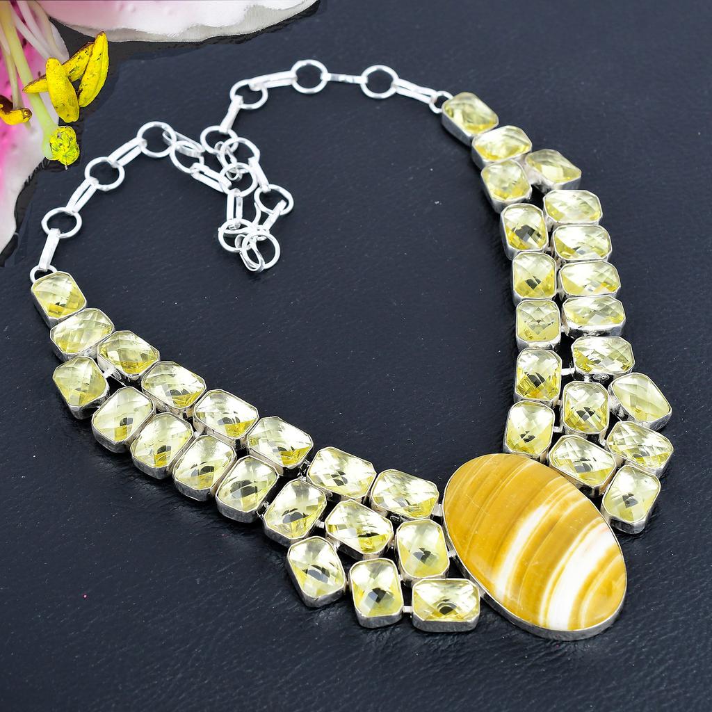 Calcite Agate, Citrine Gemstone 925 Sterling Silver Jewelry Necklace 18" KG-1851