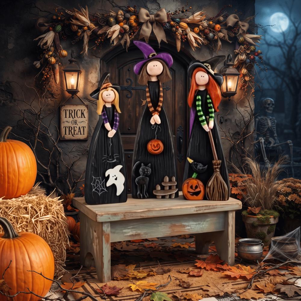 Pumpkin Accent Witch Model Toys 2D Design Halloween Witch Ornament Tabletop Use