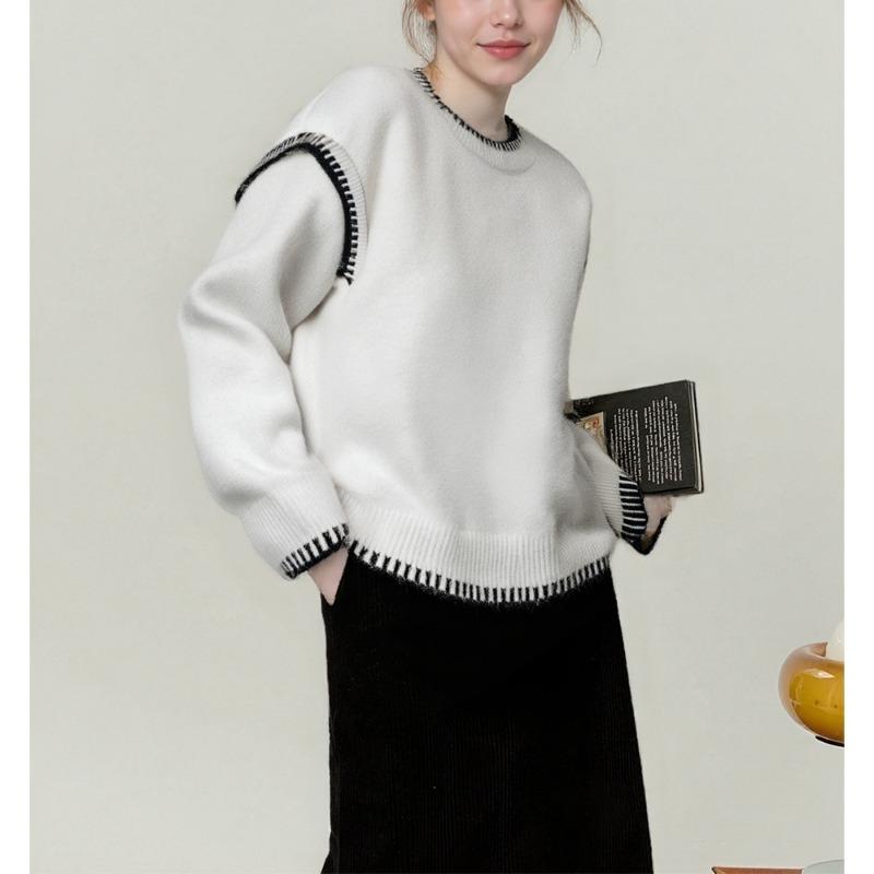 Lazy wind contrasting color crew neck pullover women's autumn and winter new loose large size knitted sweater