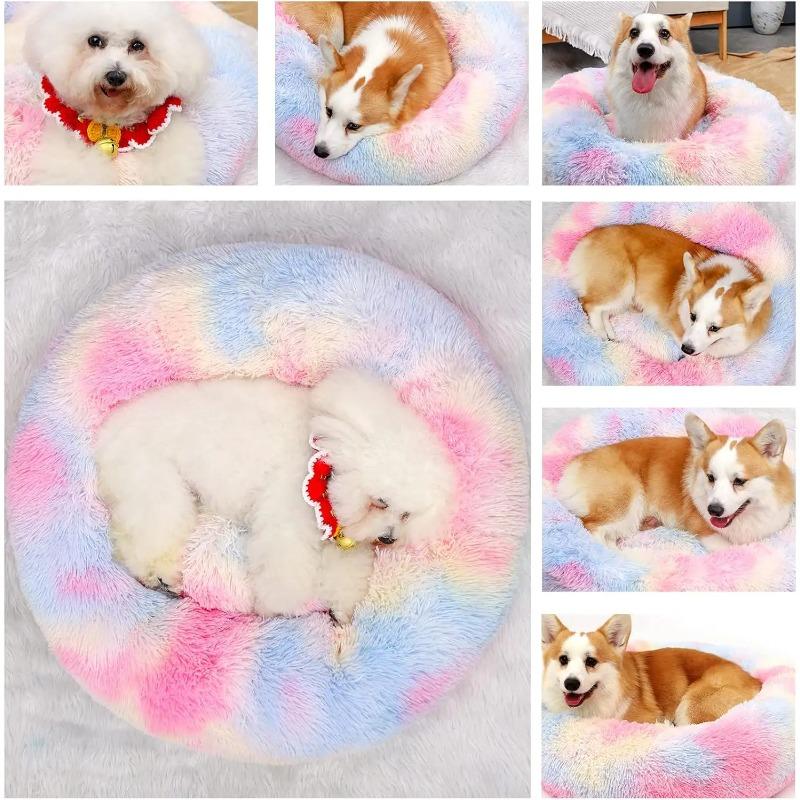 Colorful Anti Anxiety Fluffy Plush Washable Dog Cat Rabbit Bed Calming Donut Pet Bed Improve Sleep Lbs Pet Care