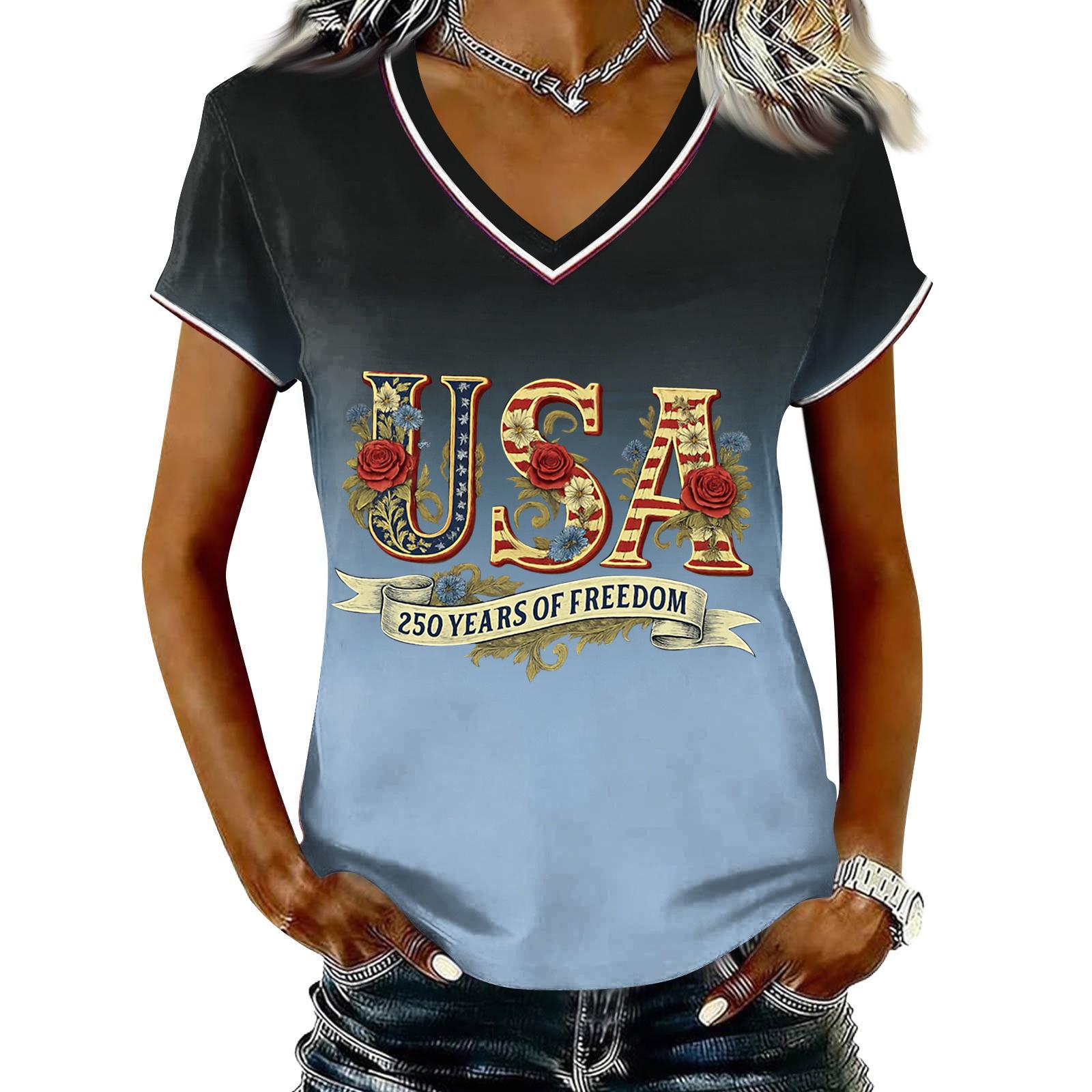 

Women Casual V Neck Short Sleeve Pullover T Shirt Gradient Print Independence Day Graphic Top Lightweight Soft Fabric XL Темно-синій