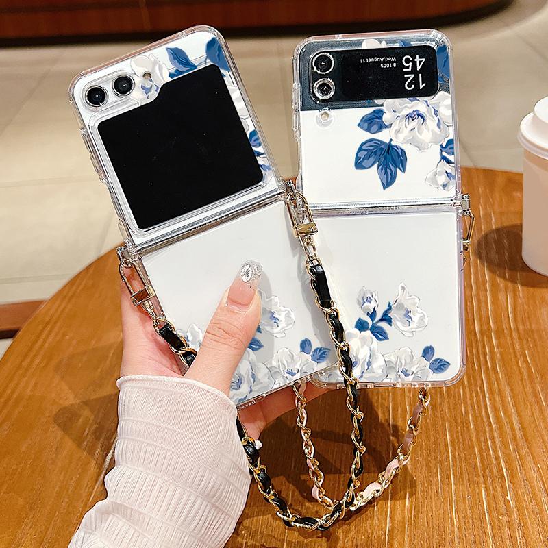 Metal Rope Lanyard Case For Samsung Galaxy Z Flip7 Flip6 Flip5 Flip4 Flip 7 FE 6 5 4 3 5G White Flower Pattern TPU Back Cover
