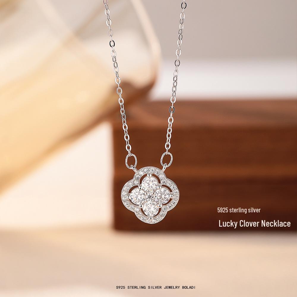 Elegant S925 Sterling Silver Four-Leaf Clover Necklace for Women - Luxe Design with Full Diamond Accent