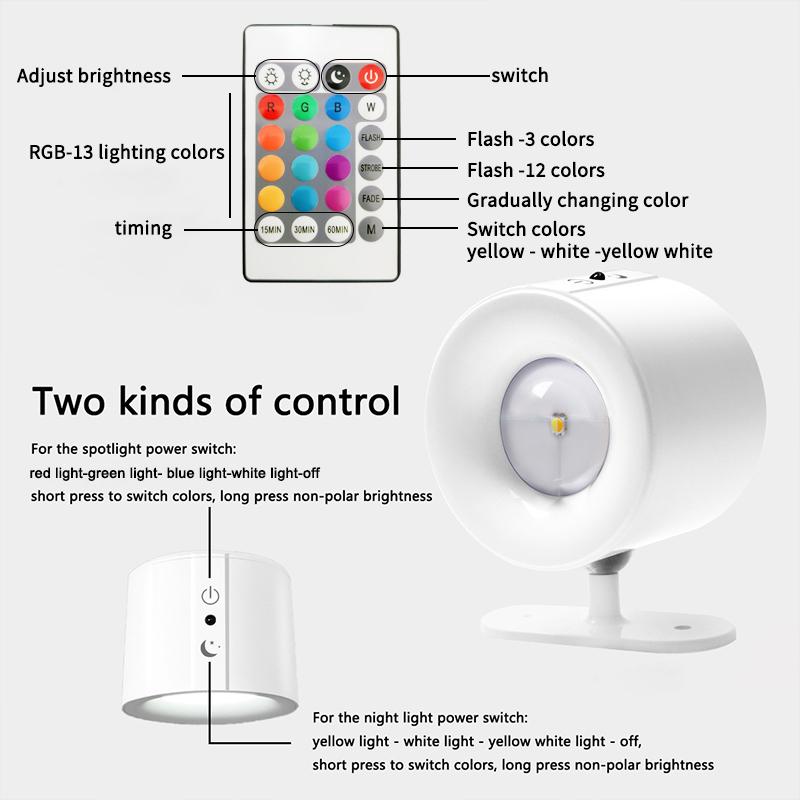 12 colors Timeable Led Wall Lamp Touch Remote USB Recharge Rotatable Wireless Portable Night Light Bedside Bedroom Reading Lamp