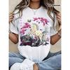 European Size Women's Chinese New Year Horse T-Shirt - Pink Cherry Blossom & White Horse Lucky Zodiac Animal Print, Soft Breathable Short Sleeve Tee