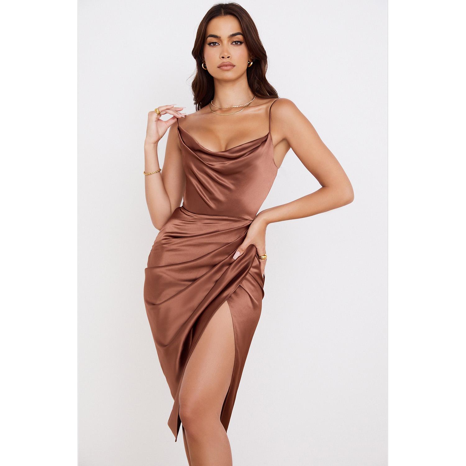 

Атласное платье миди, женское платье с рюшами на бретелях, корсет с открытой спиной, облегающее платье с открытыми плечами, элегантная вечерняя клубная одежда S коричневый