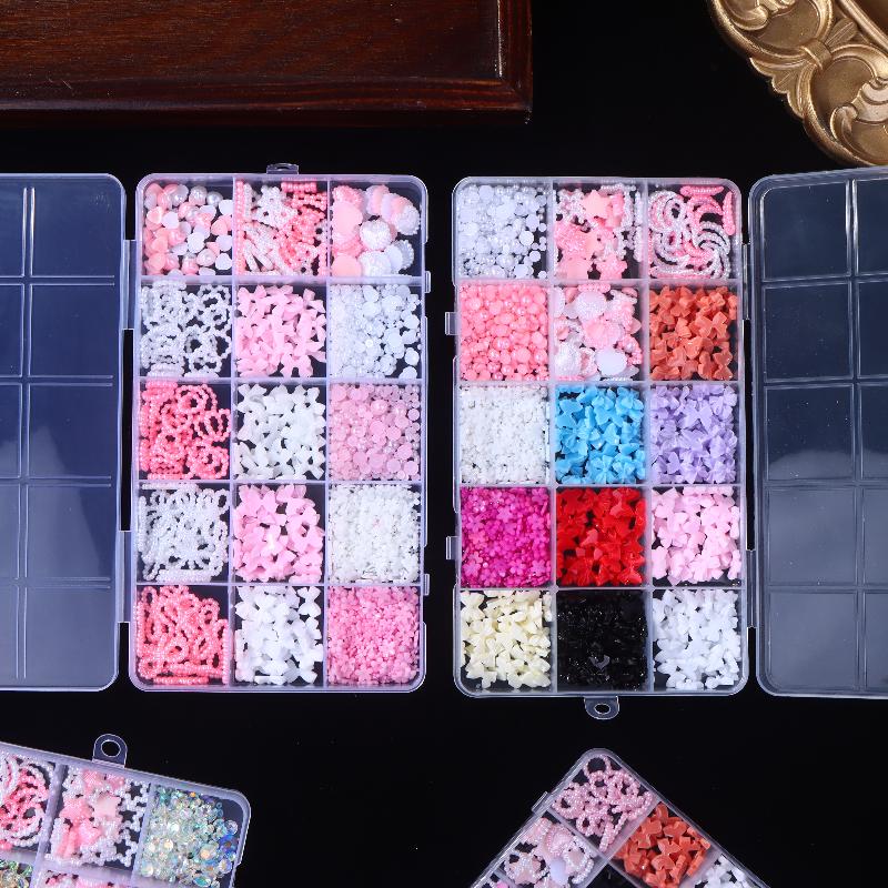12/15 Grids/Box Mixed Resin Bowknot Nail Charms 3D Colorful Bow  Nail Art Decorations Diy Manicure Parts With Tools