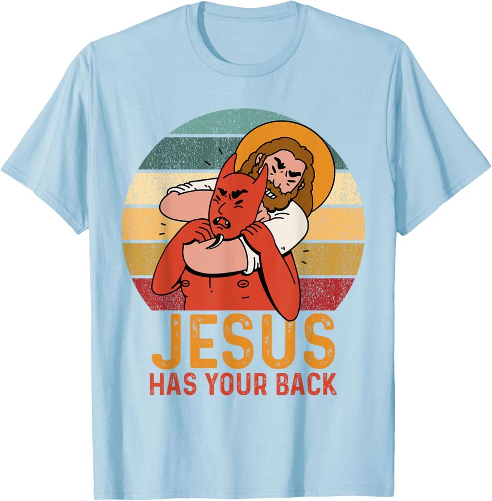 Jesus Has Your Back Fighting Devil Graphic T-Shirt Men's Casual Cotton Short Sleeve Top