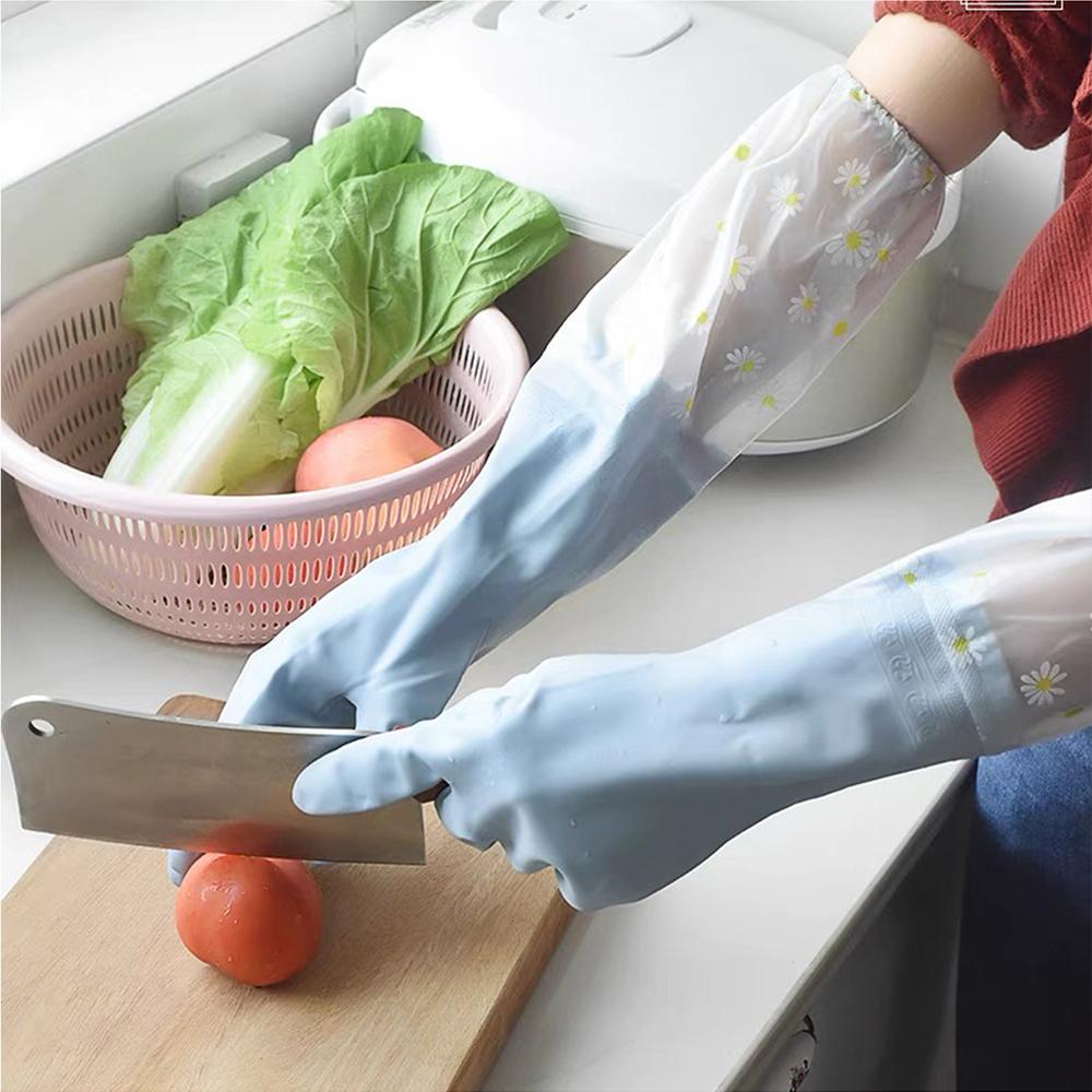 1 Pair Dishwashing Cleaning Gloves Daisy Flower Pattern Waterproof Reusable Kitchen Household Rubber Gloves Color Random