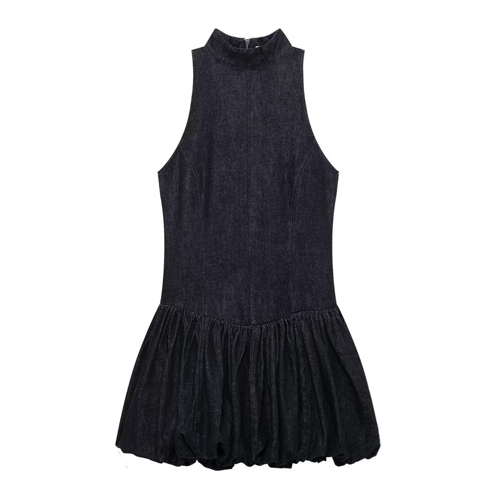 

2025 Spring Women s Slim Balloon Silhouette Sleeveless Denim Dress M темно-синий