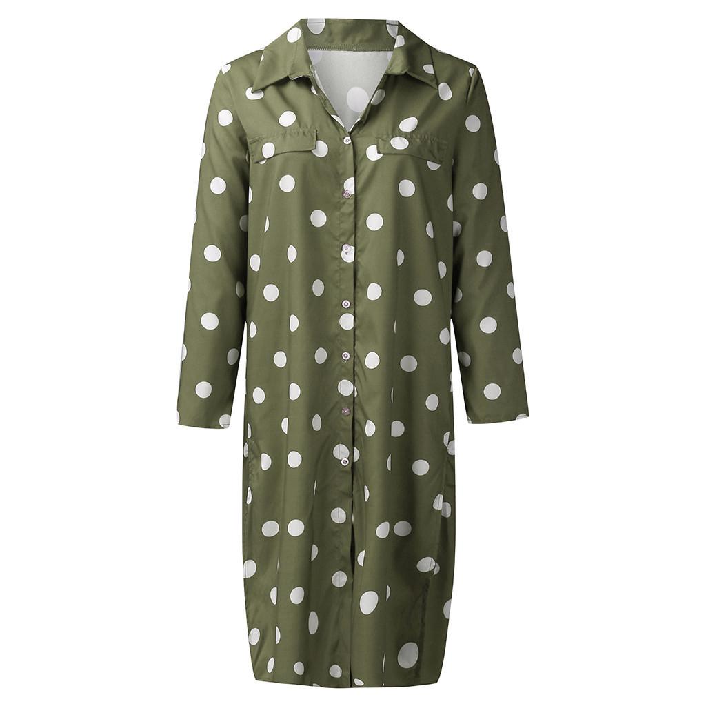 Women Summer Dot Print Long Sleeve Button Long Dress Party Beach Dress