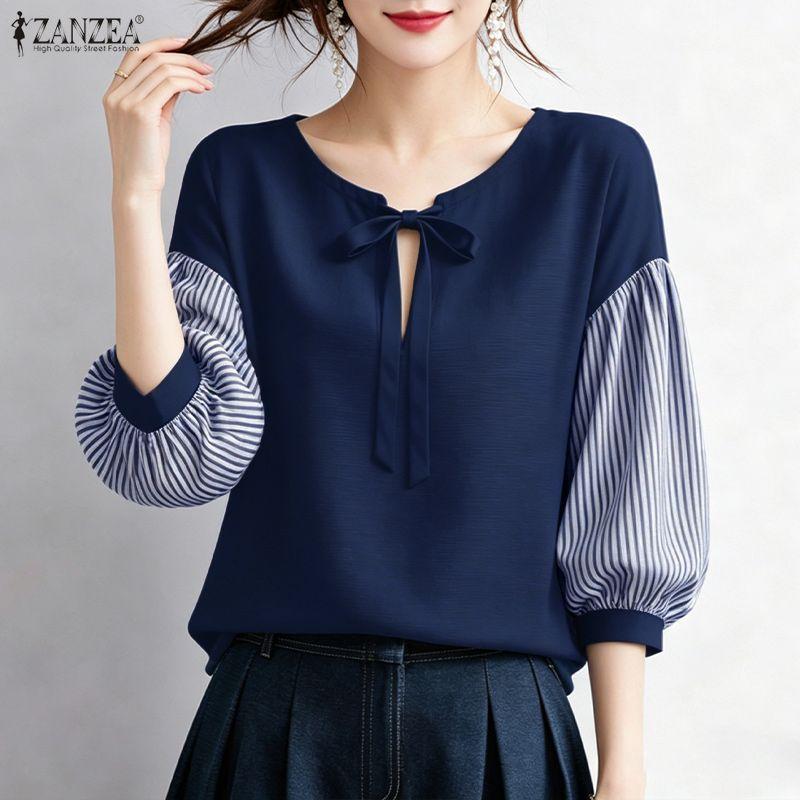ZANZEA Women Casual Round Neck Stripe Splice Half Sleeve Loose Blouse