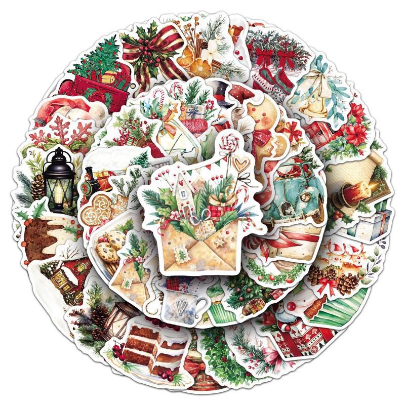 50 Retro Watercolor Christmas Stickers Holiday Decorations Hand Curtain Water Cup