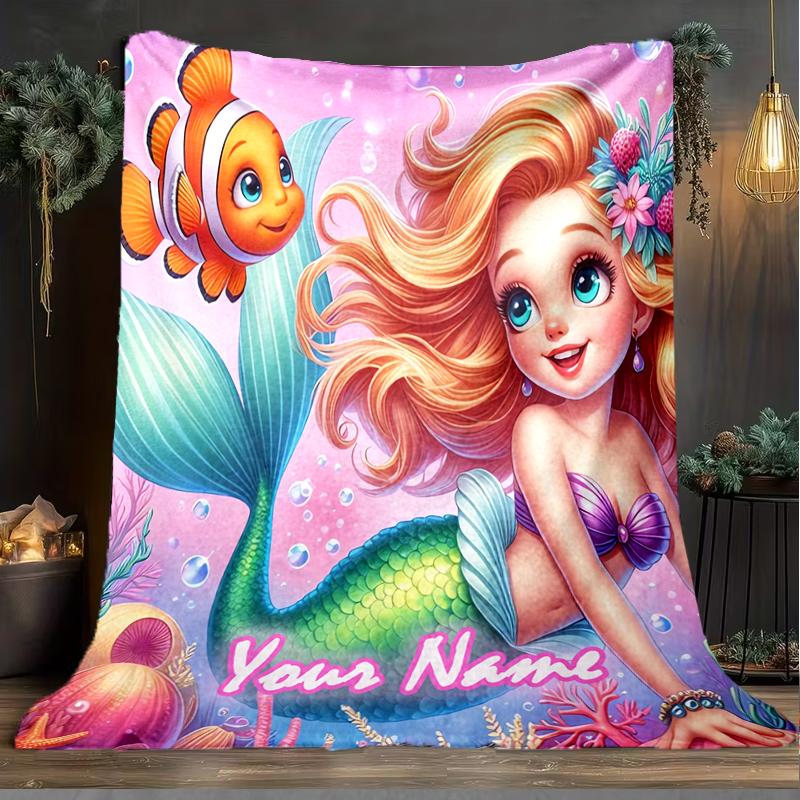 1PC Custom Name Mermaid Adventure Nemo outdooor Flannel blankets Patterns Throw Blanket All-Season Soft Gift for Couch, Bed, Camping gifts