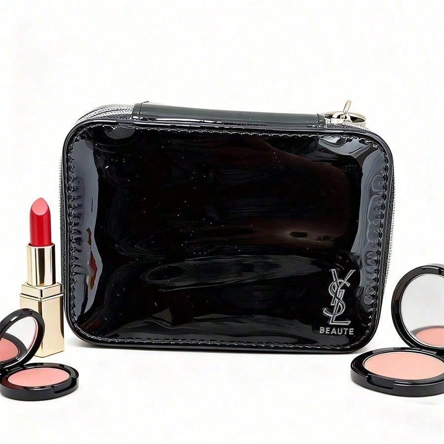 YSL Make-up-Tasche, Lippenstift-Aufbewahrungstasche, Geldbörse, eingebauter Spiegel, reiseportabel, schwarz 14 × 11 × 4cm