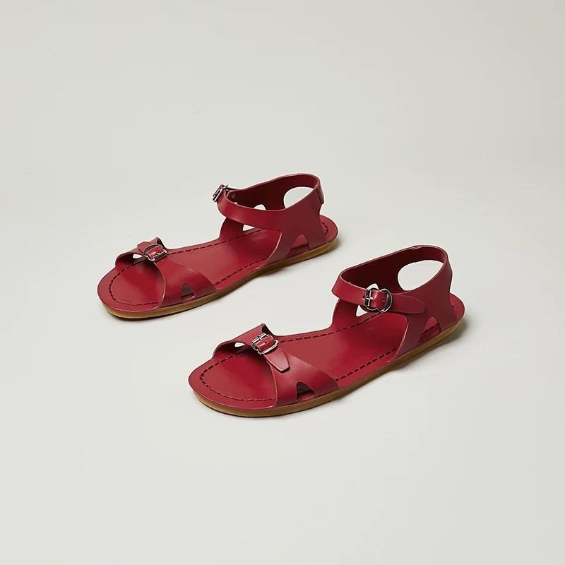 Sheepskin Version~ Row Style Red Sandals Women's 2025 Summer New One-word Buckle with Flat Open-toed Cool Slippers Outside
