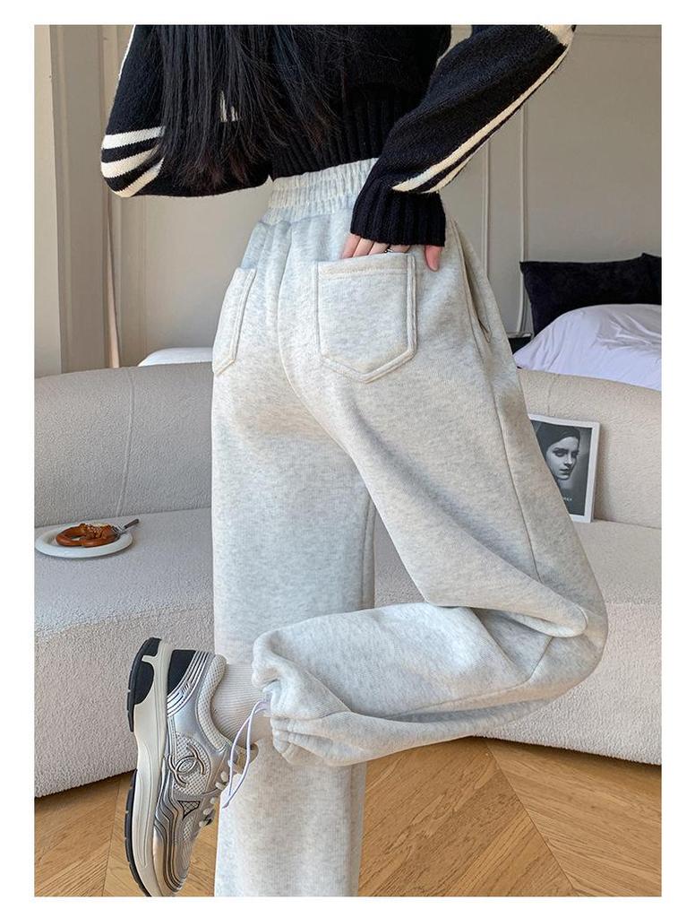 2025 Autumn/Winter Women's Fleece-Lined Lambswool Sweatpants: Thick Cotton Casual Straight Pants