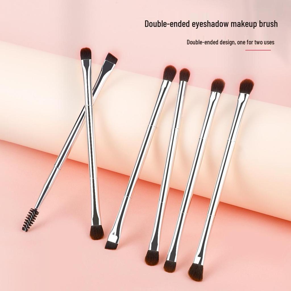 Sleek 6-Piece Silver Makeup Brush Set: Double-Ended Eyeshadow, Blending, Eyebrow Brushes & Dual-Use Brush with Spiral Eyelash Curler