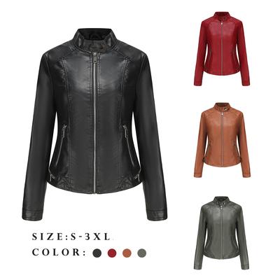 Nueva chaqueta de cuero de manga larga y estilo fino para mujer