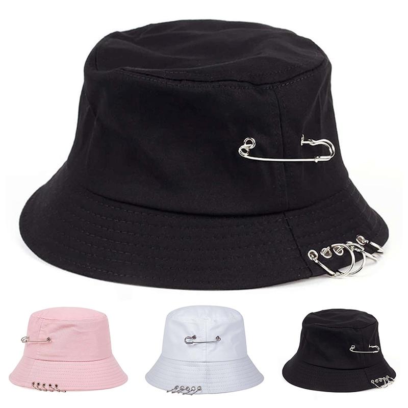 My Extreme Outdoor Activities Women's Black Unisex Solid Color Iron Pin Rings Personality Bucket Hats Fishermen Caps Outdoor Casual Cap Sunscreen Hat