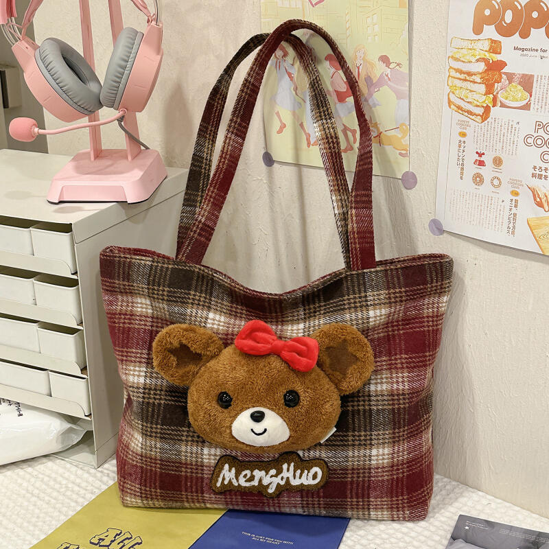 Bear Shoulder Bag Women's Bag Vintage Plaid Tote Bag
