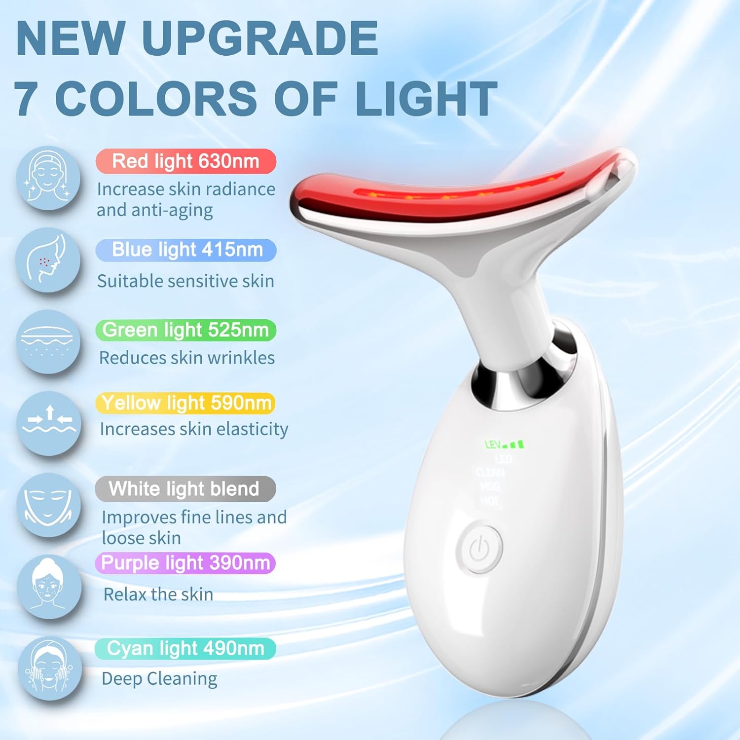7 Color Neck Face Massager Tool, Facial Massager with Vibration Tech, Rechargeable Face culpting Wand for Skin Care (White)