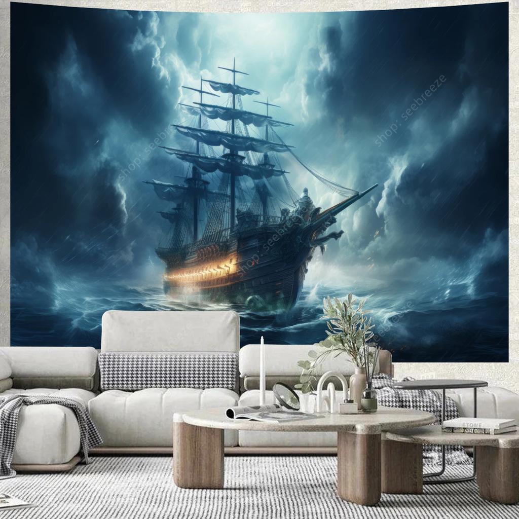 Ocean Landscape Pirate Ship Sailboat Tapestry Mystic Night Tapestry Wall Hanging for Bedroom Living Room Dorm Decor Beach