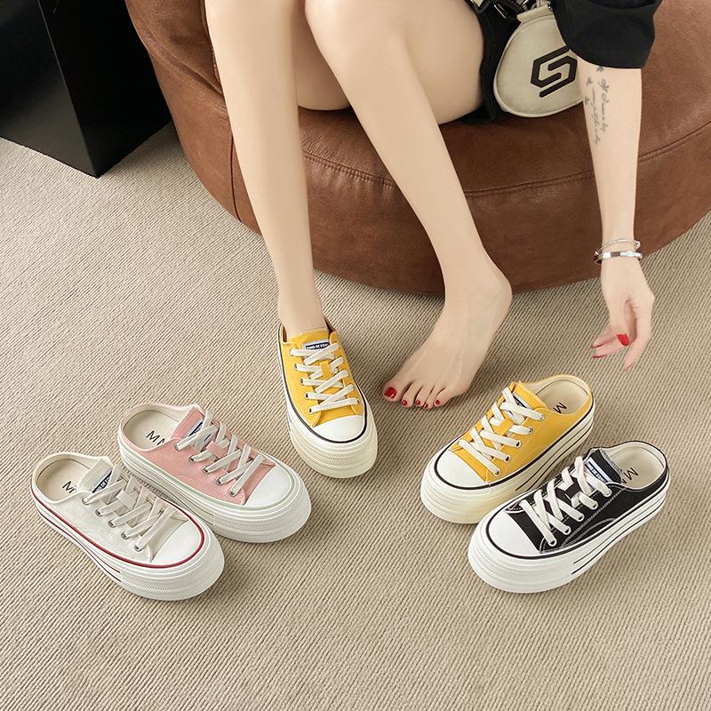 Półkapcie na grubej podeszwie na jeden pedał z płótna z główką torby damskie letnie nowe małe białe buty casualowe małe buty na platformie typu muffin
