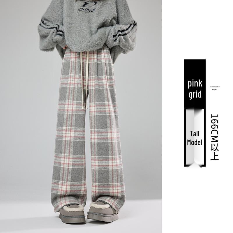 

Women s Gray-Pink Plaid High-Waisted Fleece-Lined Wool Blend Wide-Leg Pants for Fall-Winter 2025 S [80-95 lbs]