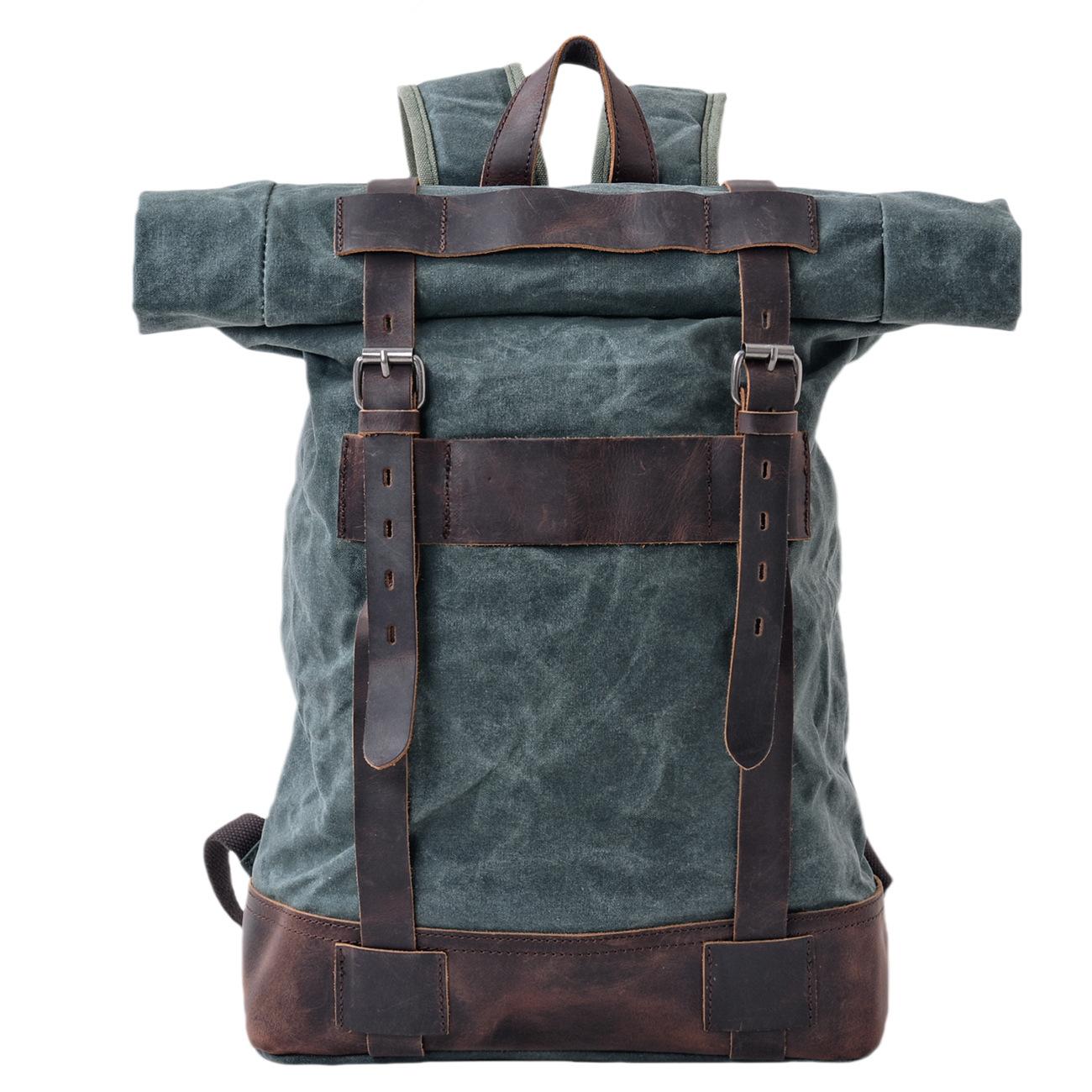 Outdoor Travel Backpack Men s Casual Rucksack Large Capacity Waterproof Waxed Canvas Splicing Leather Hiking Bag озеро зеленый