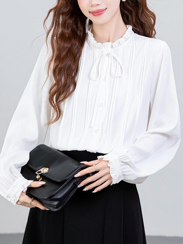 2026 Spring French Style Women's White Ruffle Shirt - Elegant Layered Design