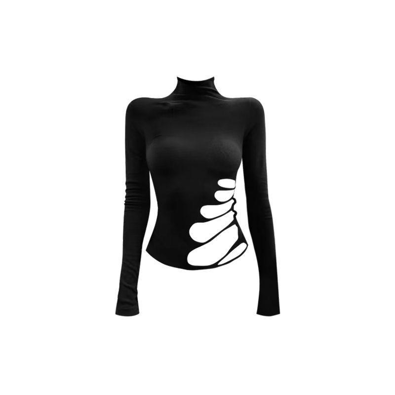 

Chic Black Hollow-Out Long Sleeve Top for Women - Slimming High Neck Autumn/Spring Design Medium чорний