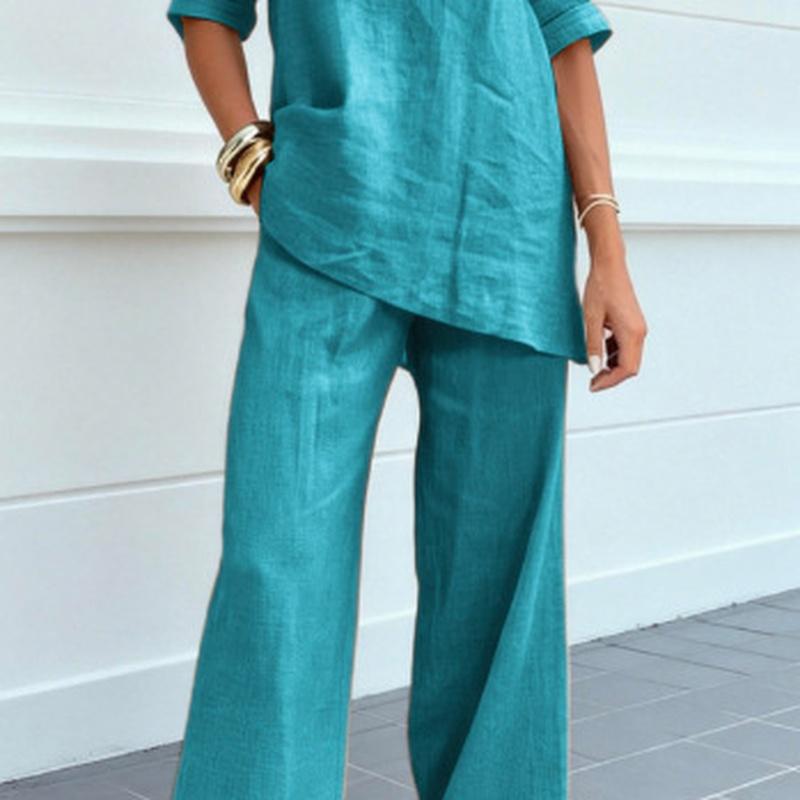 

European Style Fashion Cotton Solid Color Elegant Casual Women Clothing Two Piece Set 5XL