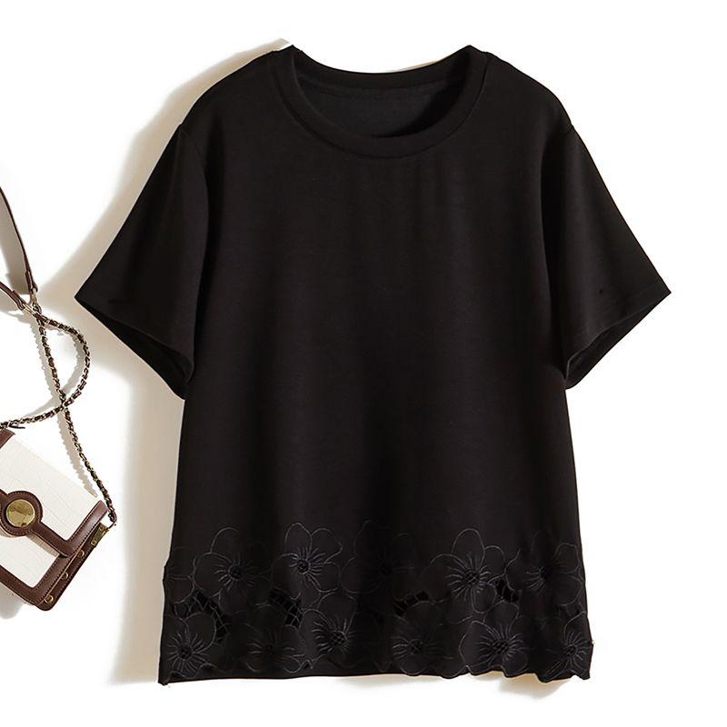 

Japanese Style Export Orders! Taipan Pure Color round Neck New Carved Hollow Flower Craft Short Sleeve Cotton T-shirt for Women Summer Black XL