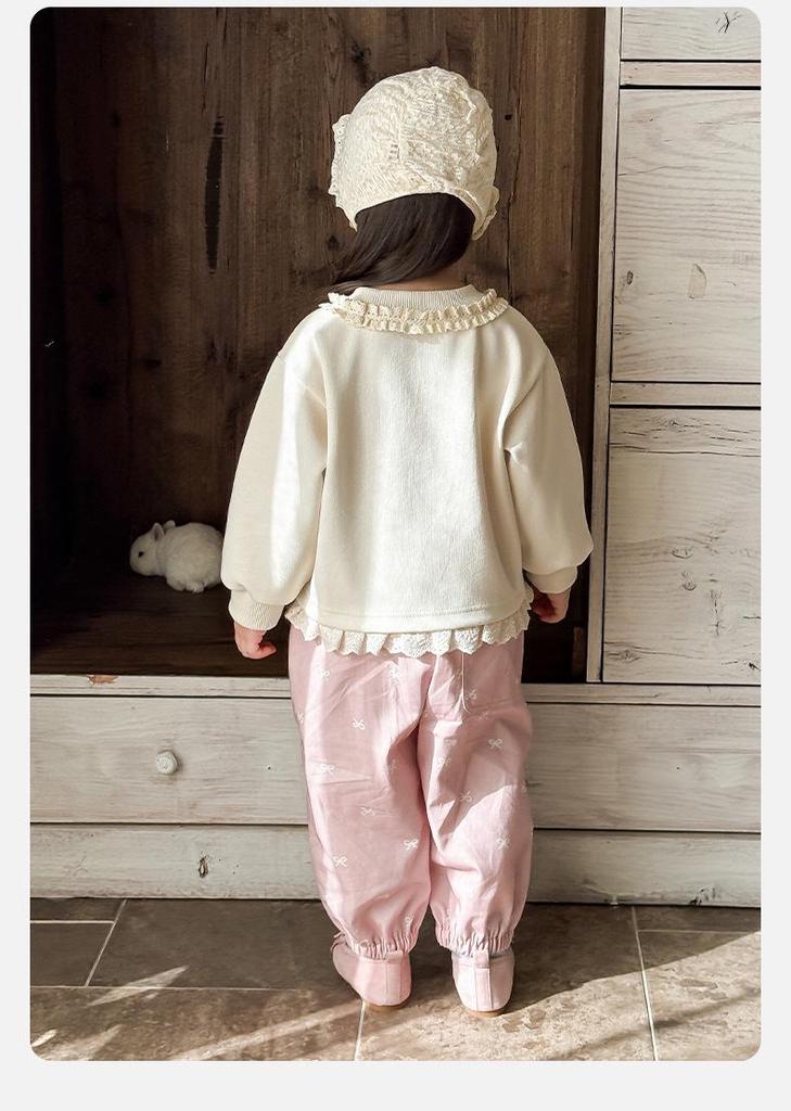 Korean Girls' Spring 2026 Cartoon Hoodie & Pants Two-Piece Set
