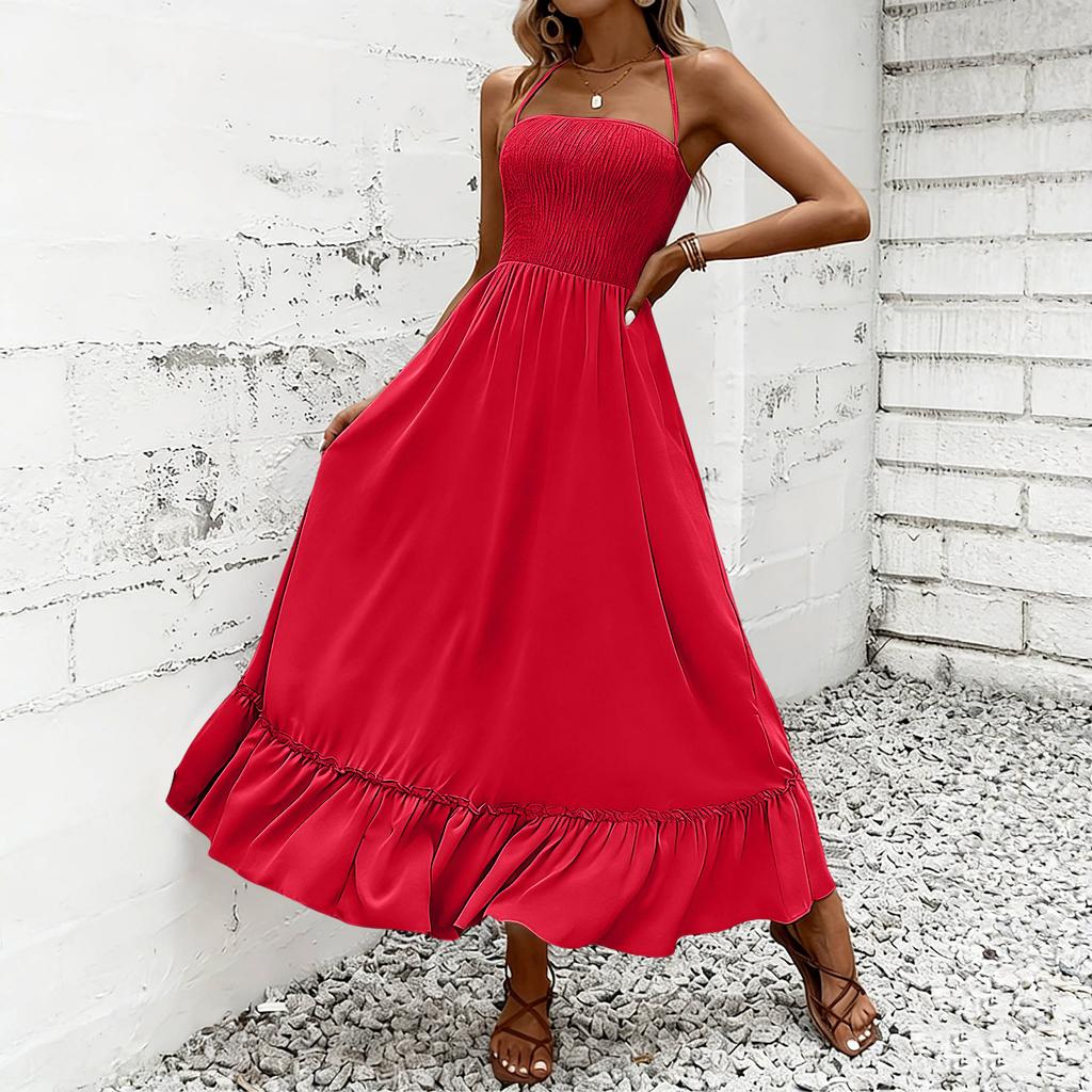 Women Neck Maxi Dress Sleeveless Solid Loose Fit Flowy Skirt Casual Sundress with Ruffled Hem Design