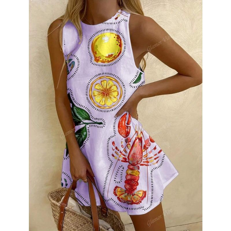 Women's Summer Fashion Elegant Casual Sexy Vacation-Style Sleeveless Short Cool Dress With Fruit And Floral Patterns Y2k Clothes