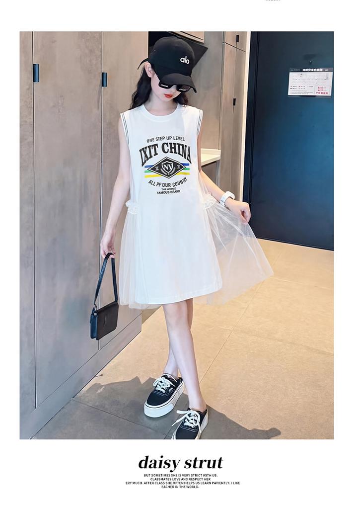 2026 Summer New Mid University Children's White Dress, Girls' Elegant Princess Dress, Girls' Summer Dress, Mesh Skirt