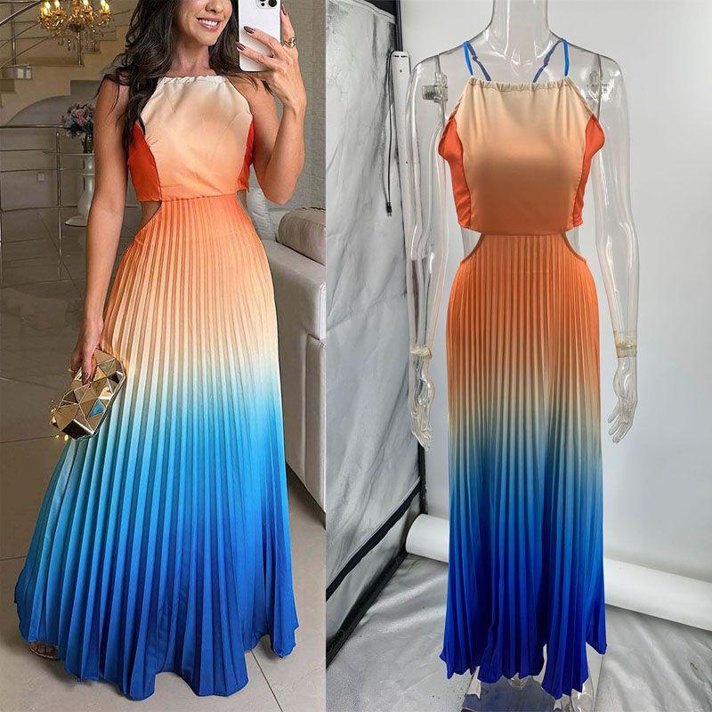 

Amazon Женский градиентный цвет Слинг Открытая спина Короткий жилет Плиссированное Половина длины Большая кромка Длинное платье Летний отпуск Набор Костюм Orange gradient XL