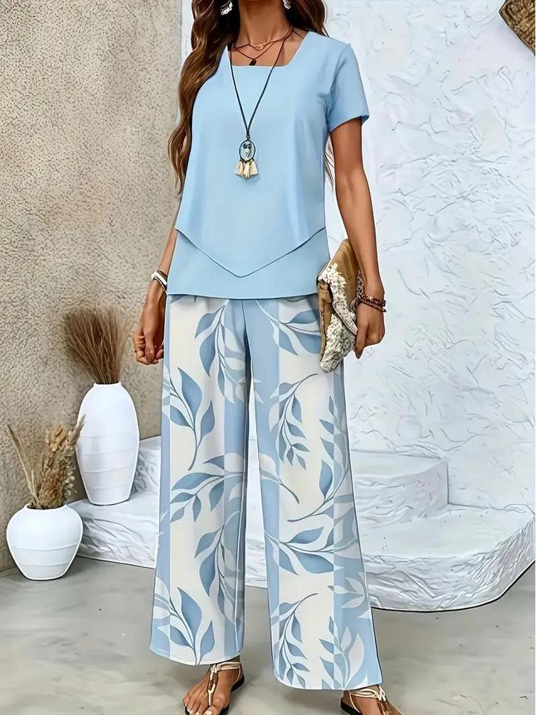2026 Women's Printed Top and Wide-Leg Pants Set, European & American Style for Cross-Border E-commerce.