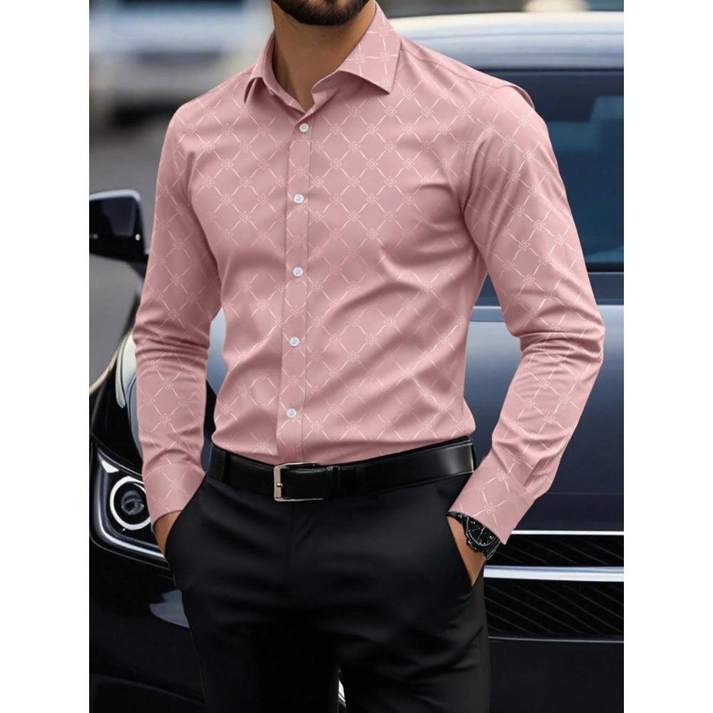 Light Luxury Dark Patterned Diamond Shaped Men's Shirt, Silky Slim Fit Shirt, European and American High-end Dark Printed Shirt