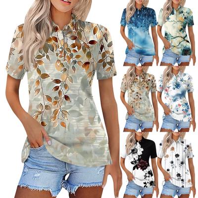 Moda feminina casual lapela manga curta camisa impressa feminina com botões