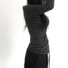 Maglietta Basic Giapponese Slim a Maniche Lunghe a Righe Spalla Scoperta Girocollo Stile Street Coreano Primavera Autunno Y2K Grigia da Donna