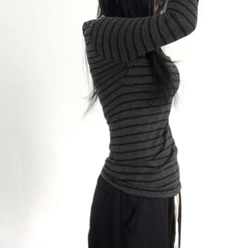 Maglietta Basic Giapponese Slim a Maniche Lunghe a Righe Spalla Scoperta Girocollo Stile Street Coreano Primavera Autunno Y2K Grigia da Donna