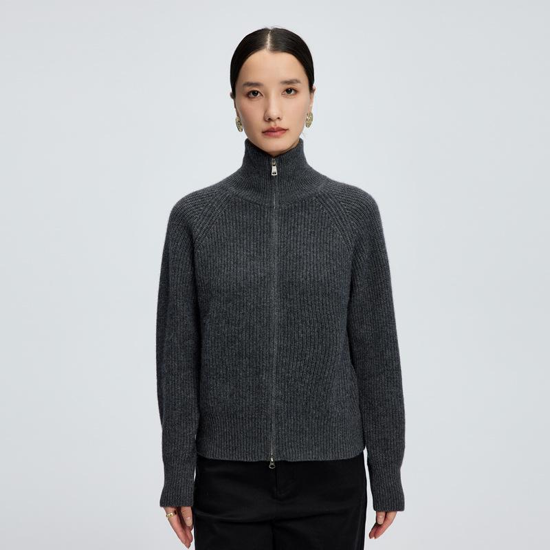 Women's Cashmere Zipper Cardigan - Long Sleeve, Short Jacket, Lapel Sweater, Loose Raglan Sleeve, Casual Thick Outerwear