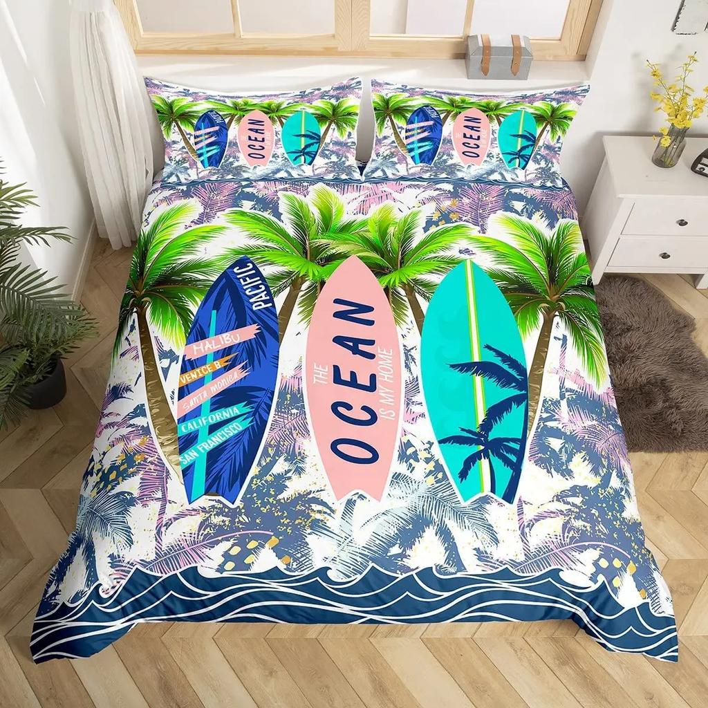 Surf Duvet Cover Set Retro Posters Group Summer Vacation Theme Water Sports California Beach Surfboard Wood Board Bedding Sets