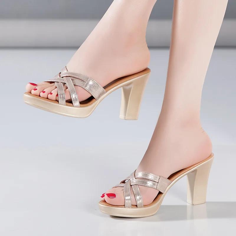 8cm 10cm Small Size 32-43 Elegant Soft Leather Slippers Platform Shoes 2025 Women's Block High Heels Slides Office Model Mom