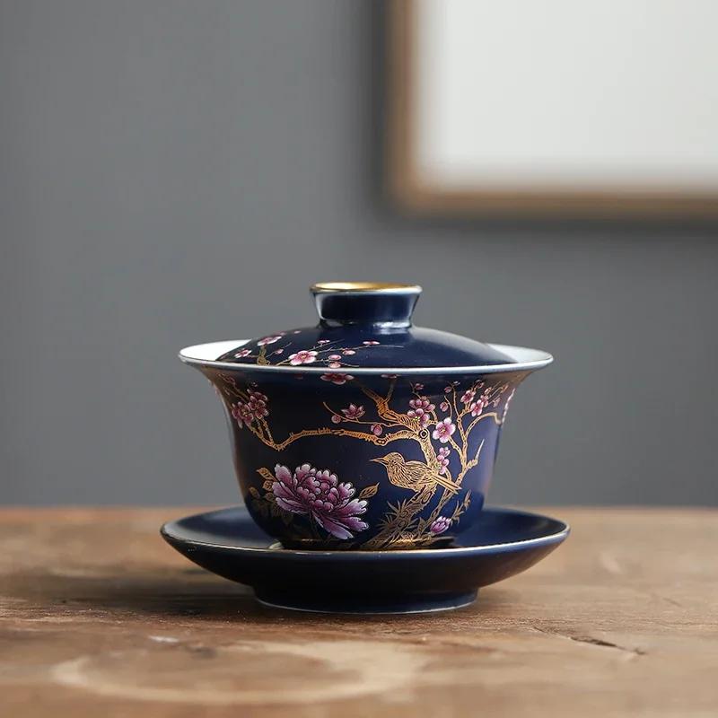 Palace Luxury Enamel Ceramic Gaiwan Teacup Hand Painted Flower Pattern Tea Tureen Travel Tea Bowl Home Teaware Drinkware 150ml
