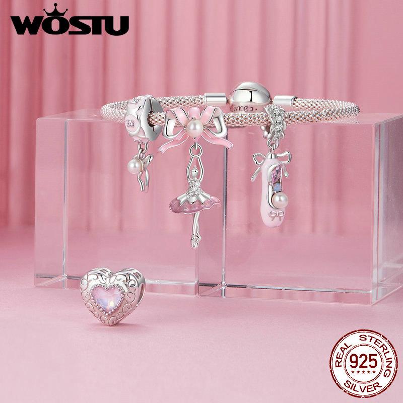 WOSTU 925 Silver Princess Pink Bear Bead Ballet Girl Charm Shoe Bow Pendant Saftey Chain Fit Bracelet Neckalce DIY Gift