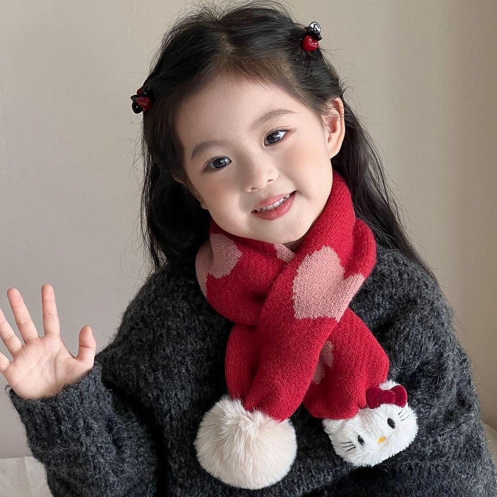 KT Kids' Red Heart Pom-Pom Scarf: Windproof, Warm, and Cute for Autumn/Winter Neck Protection